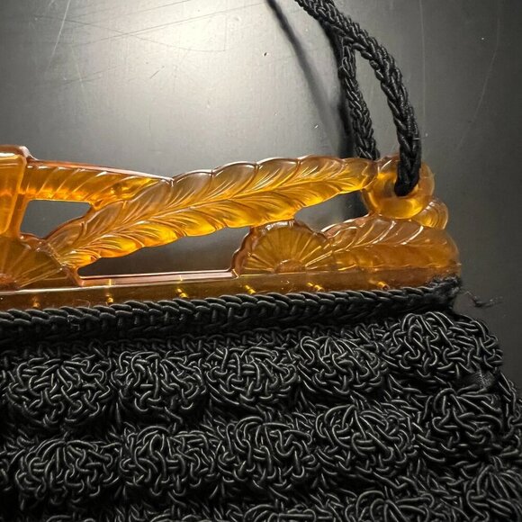 Popcorn Crochet Black Shoulder Purse With Celluloid Frame And Chain Vintage Boho - Picture 5 of 10